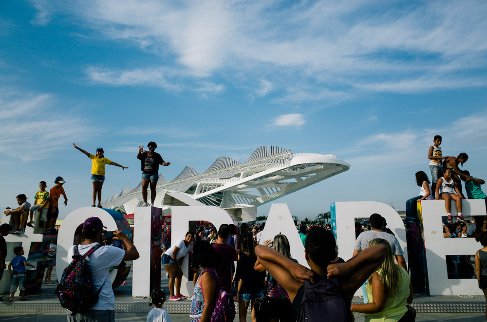 Photo taken with Ricoh camera of people at the olympic boulevard in rio de janeiro during the olympics