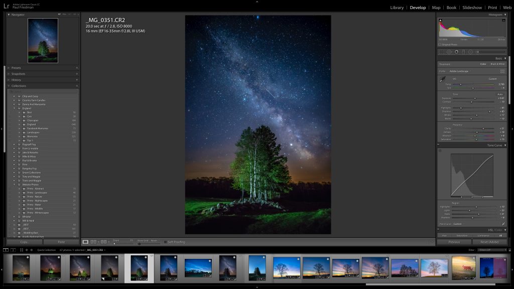 Image of a tree in front of a starry night opened in Lightroom