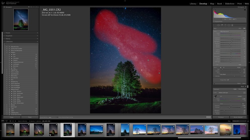 Image of an image of a greet tree in front of a starry night sky with the brush mask being used on the Milky Way