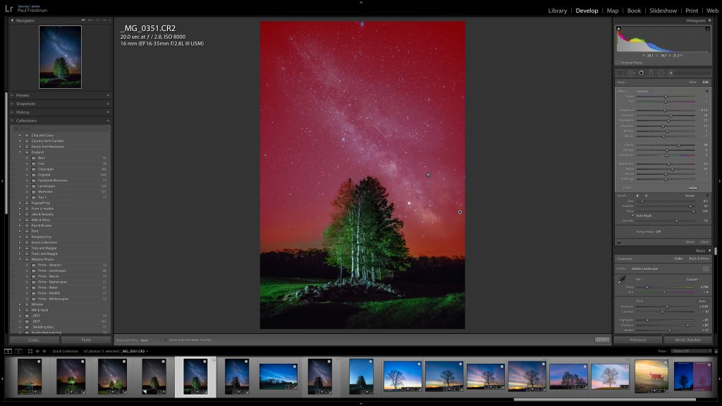Image of an star photography image open in Lightroom making edits with the brush mask