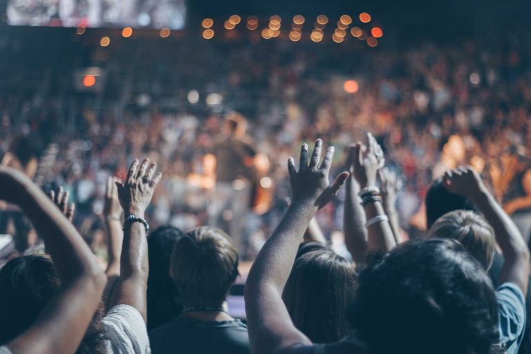 People holding their hands up at a concert from behind.