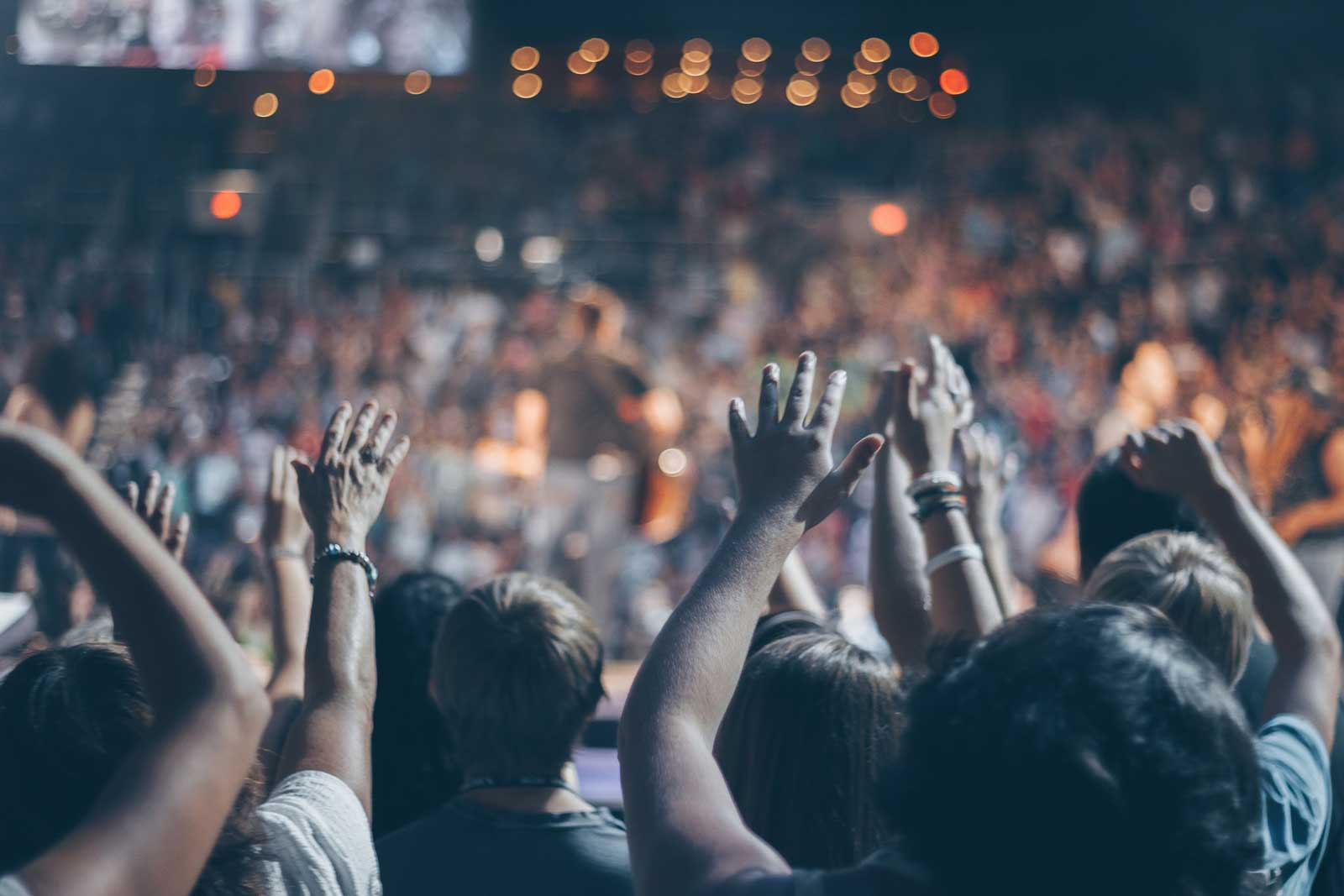 People holding their hands up at a concert from behind.