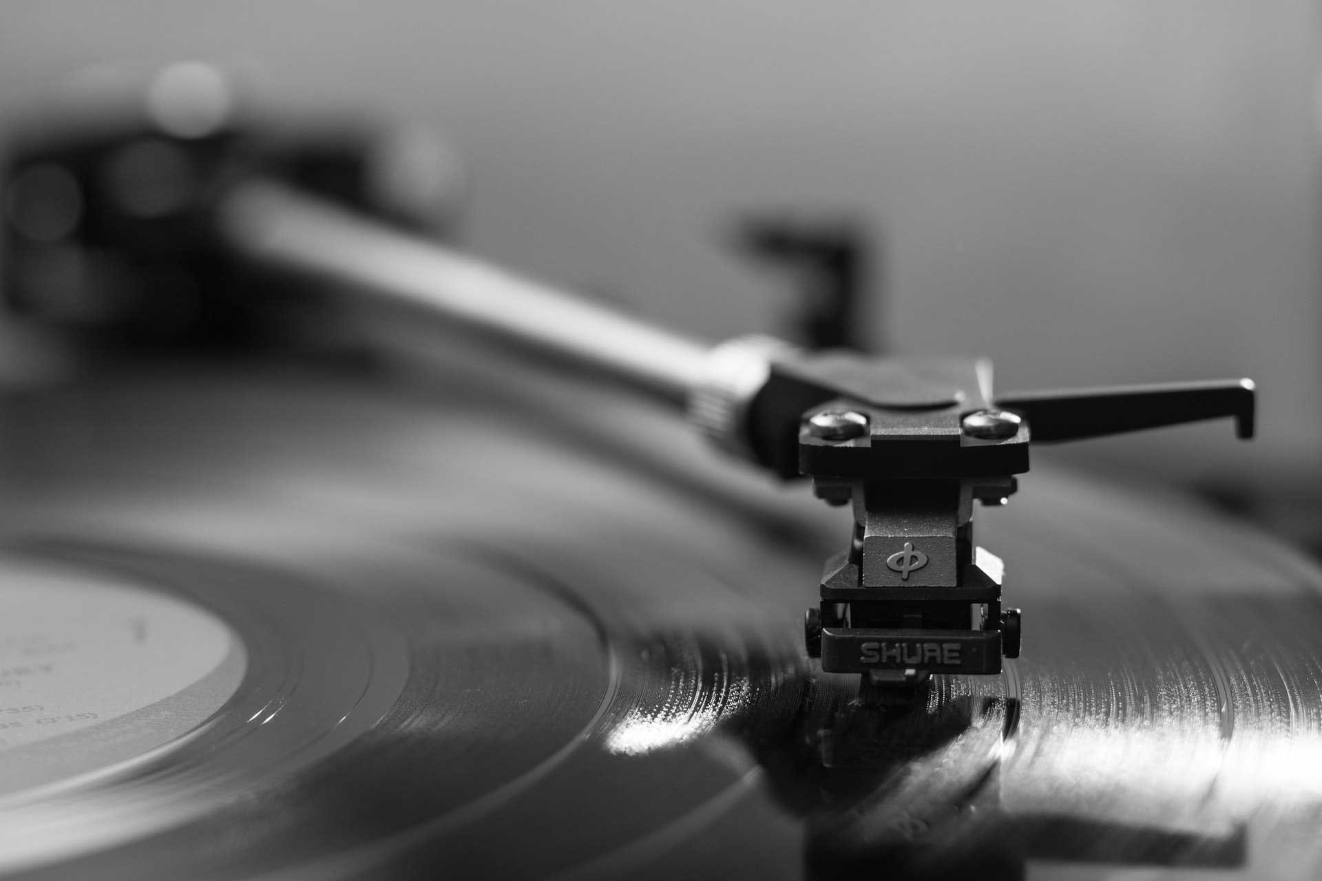 A record player in black and white.